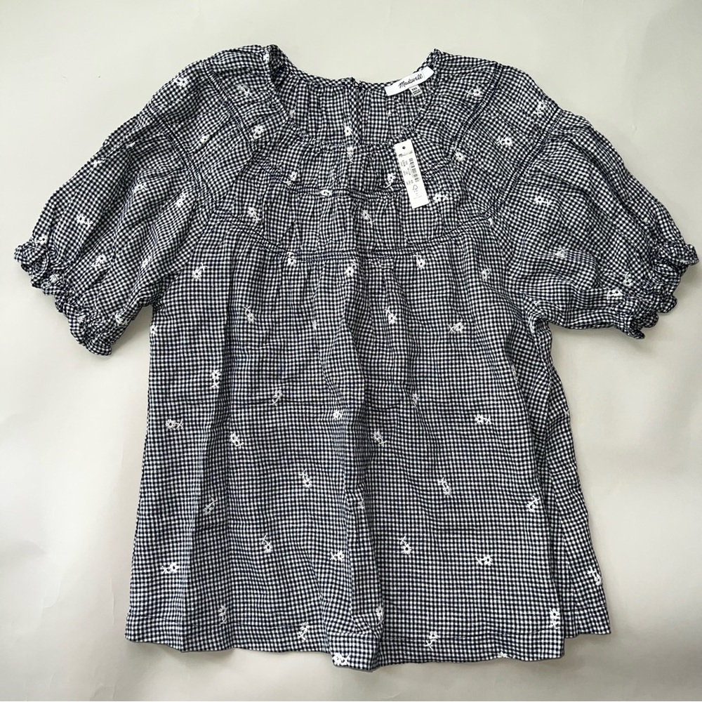 NWT Madewell Embroidered Gingham Shirred Puff-Sleeve Top